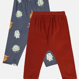 MINI KLUB Cotton Knit Pack Of 2 Solid & Little Monsters Printed Pajamas - Dark Grey & Maroon image 3