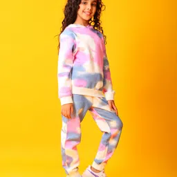 Anthrilo Fleece Knit Full Sleeves Tie Dye Hoodie & Coordinating Joggers Set - White image 4