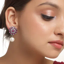 Shoshaa Silver-Plated & Pink Oxidised Drop Earrings image 4