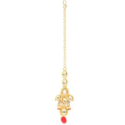 OOMPH Red Stone Kundan & Pearls Heavy Ethnic Necklace Set with Drop Earrings & Maangtikka image 5