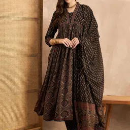all about you Brown Floral Printed Pleated Pure Cotton Kurta with Trouser & Dupatta image 1