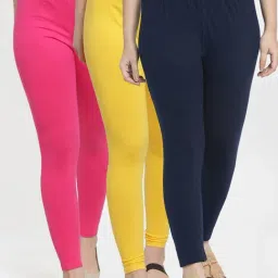 Gracit Yellow & Navy Mid Rise Leggings - Pack Of 3-image-91