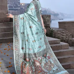 Elora Aqua Blue Silk Printed Saree With Unstitched Blouse image 2