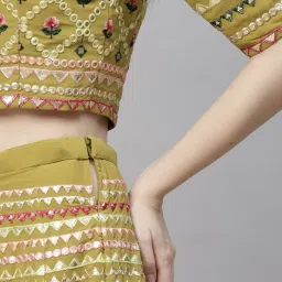 SHUBHKALA Olive Green Embroidered Lehenga and Choli Set With Dupatta image 5