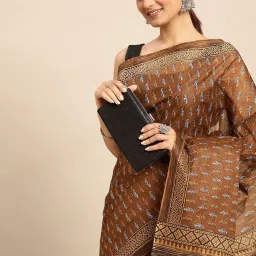 SHANVIKA Brown Cotton Printed Saree Without Blouse image 5