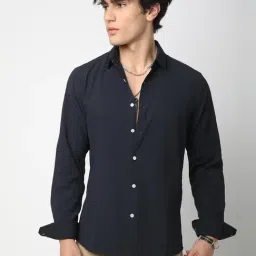 VASTRADO Core Fashion Navy Blue Textured Shirt-image-19
