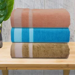 Aura Peach-Coloured & Blue 3 Striped Cotton 400 GSM Bath Towel image 1