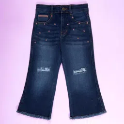 Kiddopanti Girls Dark Blue Denim Laced Regular Fit Jeans-picture-30