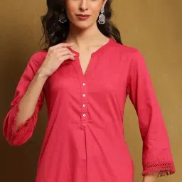 Biba Pink Cotton Blend Solid 3/4th Sleeve Kurta image 5