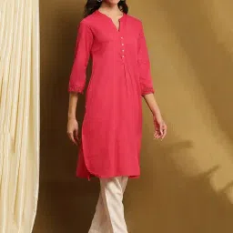 Biba Pink Cotton Blend Solid 3/4th Sleeve Kurta image 4