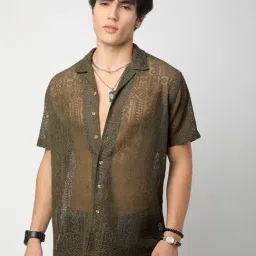 VASTRADO Core Fashion Olive Self Design Oversized Shirt-image-10