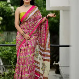 Anouk Women Pink & Green Batik Printed Cotton Saree-image-99