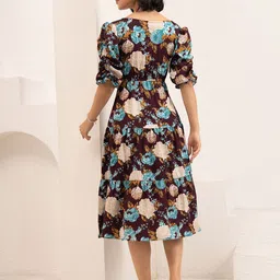 AASK Women Floral Print Puff Sleeve Crepe Fit & Flare Midi Dress image 4