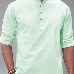 KNOWTED Mandarin Collar Roll-Up Sleeves Straight Short Kurta image 3