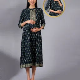 Zelena Three Fourth Sleeves Floral Motif Printed Pocket Detail Maternity & Feeding Dress - Dark Green-picture-26