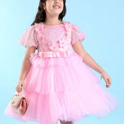 Mark & Mia Half Sleeves Frock With Floral Corsage & Bow - Pink-picture-38
