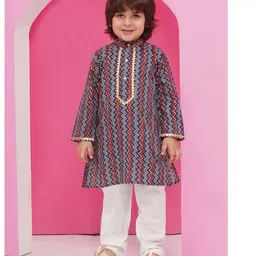 AJ Dezines Pure Cotton Full Sleeves Abstract Printed & Lace Embellished Kurta Pyjama Set - Blue-picture-38