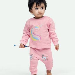 Ariel Pure Cotton Full Sleeves Unicorn Printed Tee & Pajama Set - Pink-picture-13
