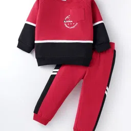 Mark & Mia Terry Knit Full Raglan Sleeves Cut & Sew Winter Wear Sweatshirt & Lounge Pant Set with Text Print - Red & Black-picture-14