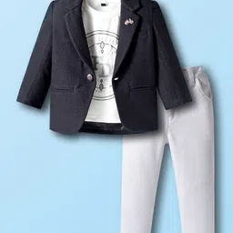 Dapper Dudes Full Sleeves Textured Blazer With Typography Printed Tee & Pant Set - Black-picture-26