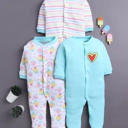 BUMZEE Cotton Knit Full Sleeves Footed Sleepsuits With Ice Cream Print Pack Of 3 - Light Blue & Pink-picture-25