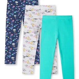 Ariel Cotton Knit Pack Of 3 Dinosaur & Floral Printed Leggings - Grey Turquoise & Navy Blue image 3