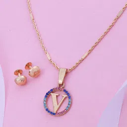 Ramdev Art Fashion Jwellery Gold Plated Stone Studded V Alphabate Jewellery Set image 3