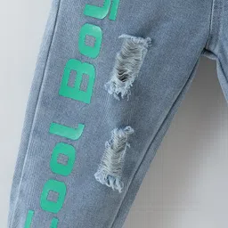 Kookie Kids Full Length Washed Denim Distressed  Jeans With Text Applique - Blue image 5