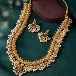 Peora Gold Plated Red Green Beads Studded Long Necklace Drop Earrings Set image 2