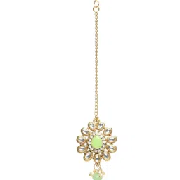 Aatmana Mint Green & White Gold-Plated Kundan Necklace Set with Maang Tikka image 5