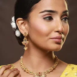 Aatmana Gold-Plated Red & Green Stone Studded & Pearl Drop Necklace Set image 5