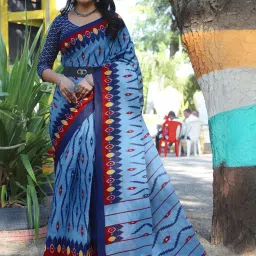 Satrani Blue Cotton Ikkat Print Saree With Unstitched Blouse image 2