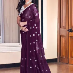 Satrani Purple Embroidered Saree With Unstitched Blouse image 2