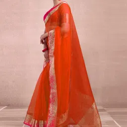 Satrani Orange Woven Saree With Unstitched Blouse image 2