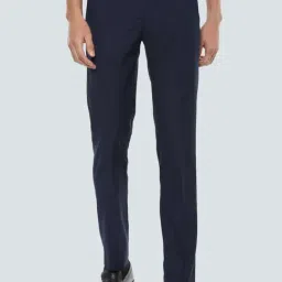 Louis Philippe Navy Slim Fit Checks Flat Front Trousers-picture-16