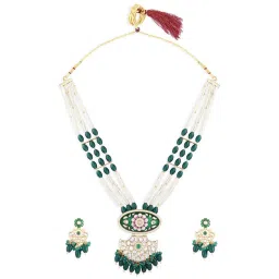 Zaveri Pearls Green Pink Meenakari Multistrand Beaded Long Kundan Necklace & Earring Set-ZPFK15649 image 5