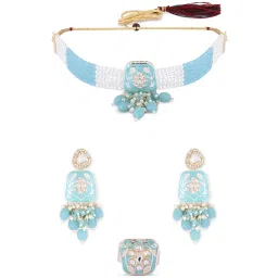 Zaveri Pearls Turquoise Blue Meenakari Beaded Kundan Choker Necklace Earring & Ring Set-ZPFK16504 image 5