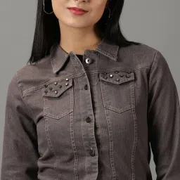 showoffff SHOWOFF Grey Regular Fit Denim Jacket image 5