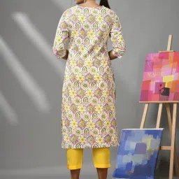 Charukriti White & Yellow Cotton Printed Straight Kurta image 2