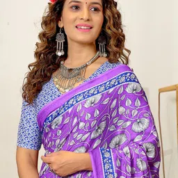 NIKATT Floral Printed Pure Cotton Block Print Saree With Blouse Piece image 2