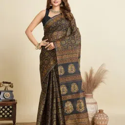 SHANVIKA Black Cotton Floral Saree Without Blouse Piece-image-44