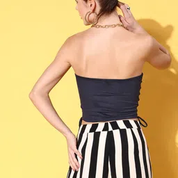 Veni Vidi Vici Navy Blue Suede Finish Ruched Off-Shoulder Tube Crop Top image 5