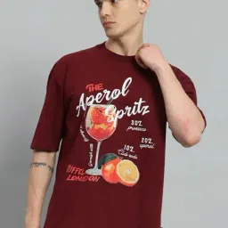 Griffel Maroon Cotton Loose Fit Printed T-Shirt-picture-11