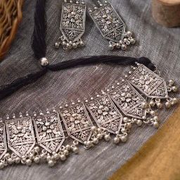 Teejh Dyuti Antique Silver Polish Necklace & Earrings Set-picture-34