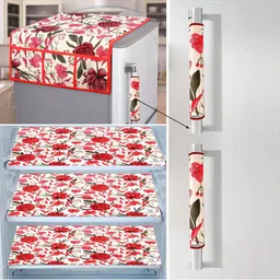 E-Retailer 6Pc White & Red Printed Waterproof 3-Layered Refrigerator Covers With Pockets-picture-10