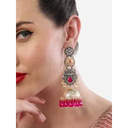 Zaveri Pearls Rani Pink Stones Beads Two Tone Jhumka Earrings image 1