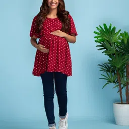 Bella Mama Ruffle Sleeves Maternity Top Dot Print - Red-picture-19