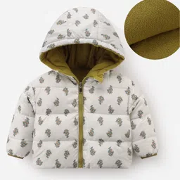 Kookie Kids Full Sleeves Padded Hooded Reversible Jacket with Floral Design - White & Green-picture-10