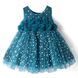 Babyhug Woven Sleeveless Fit & Flared Textured Foil Printed Party Dress with Floral Applique - Teal Blue-picture-15