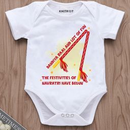 KNITROOT Navratri Theme Half Sleeves Dandiya Raas Printed Onesie - White-picture-8